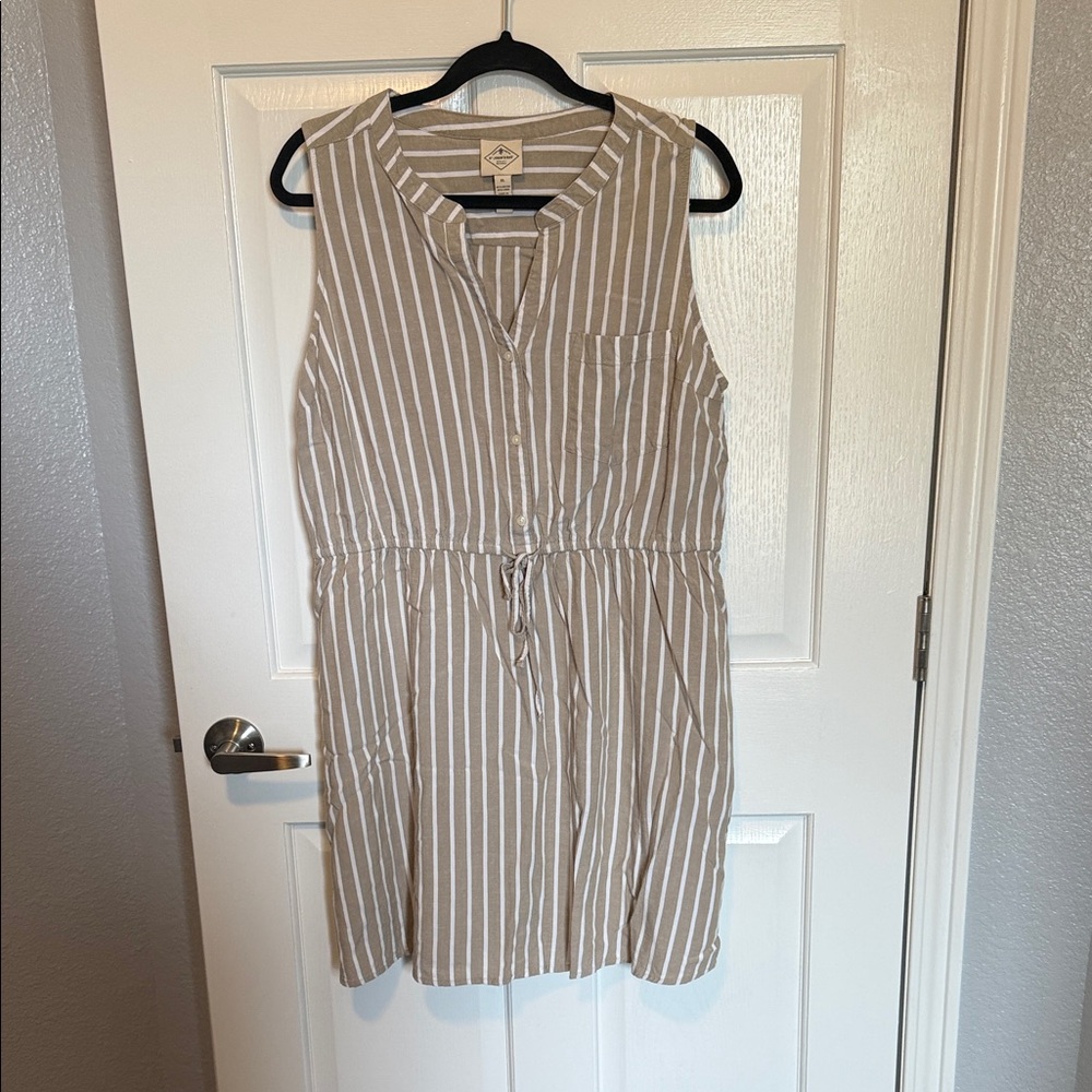 St. John's Bay Beige and White Striped Sleeveless Drawstring Mini Dress